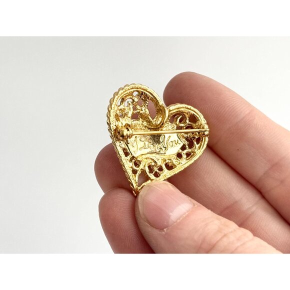 Heart Shaped Textured "I Love You" Rhinestoned and Enameled Brooch - Picture 10 of 10